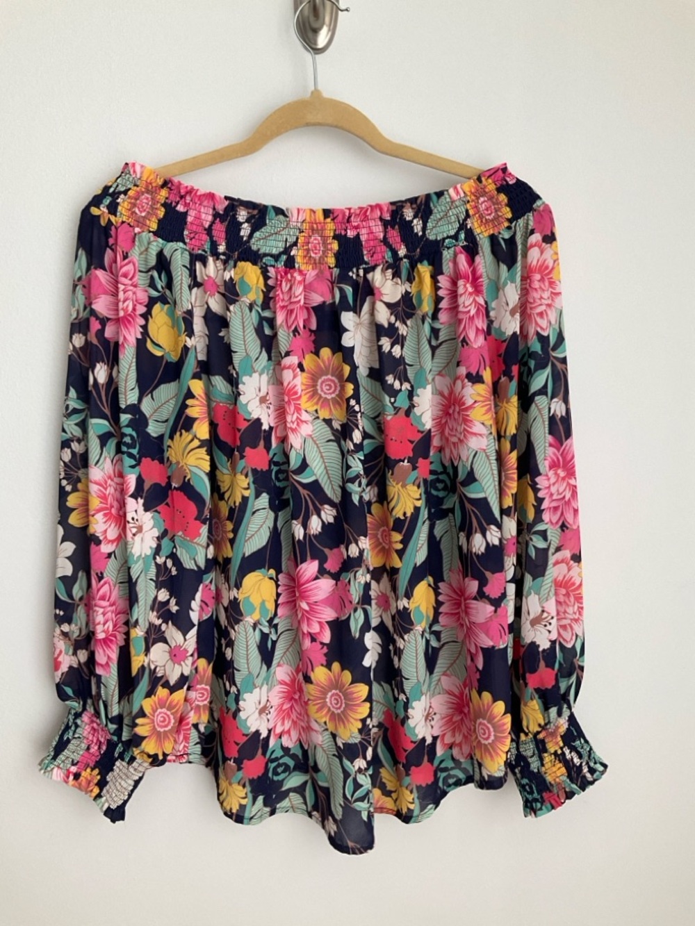 Umgee Medium Navy Floral Off-Shoulder Blouse with Pink, Yellow and Mint Accents - Picture 6 of 11